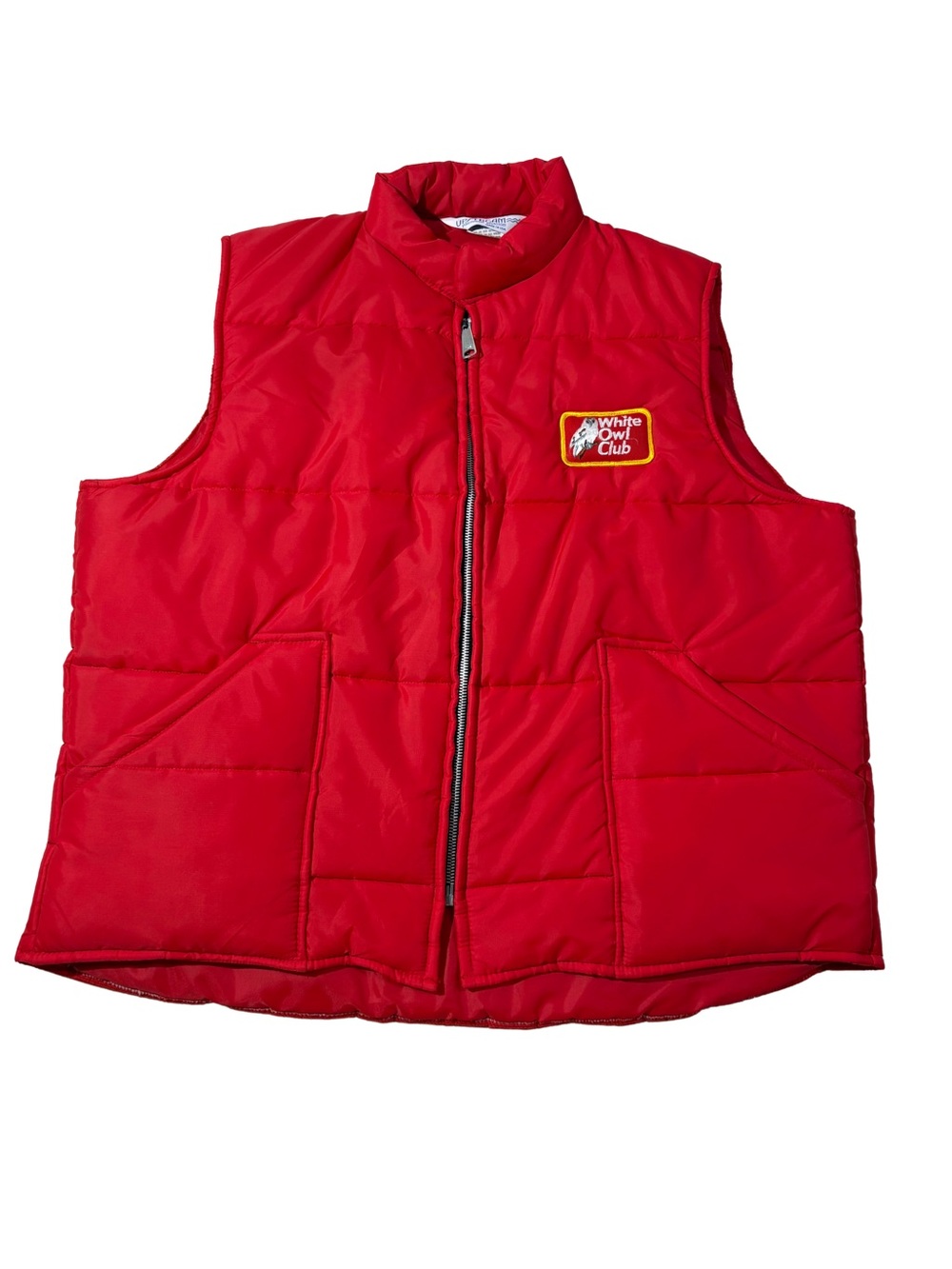 Vintage Red Puffer Vest L Zip Insulated Pockets Stand-Up Made USA White Owl Club